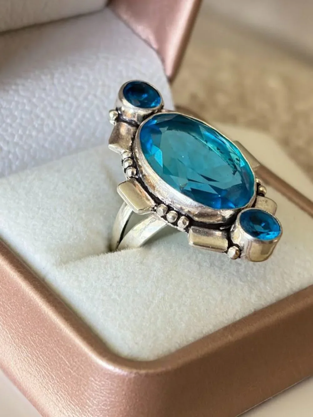 Simulated Blue Topaz Three Stone Statement Ring 925 Silver Plated - Size 8.5